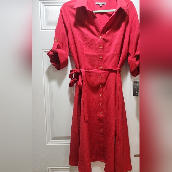 Sharagano dress women 14 RED Three-quarter sleeves Button front A-line - Picture 4 of 9